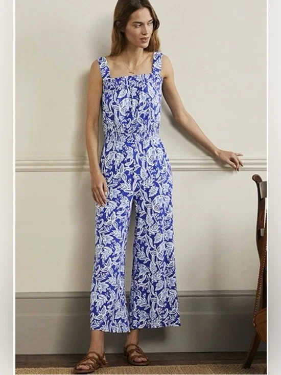 Boden Blue And White Tropical Floral Wide Leg Jumpsuit - Picture 1 of 7